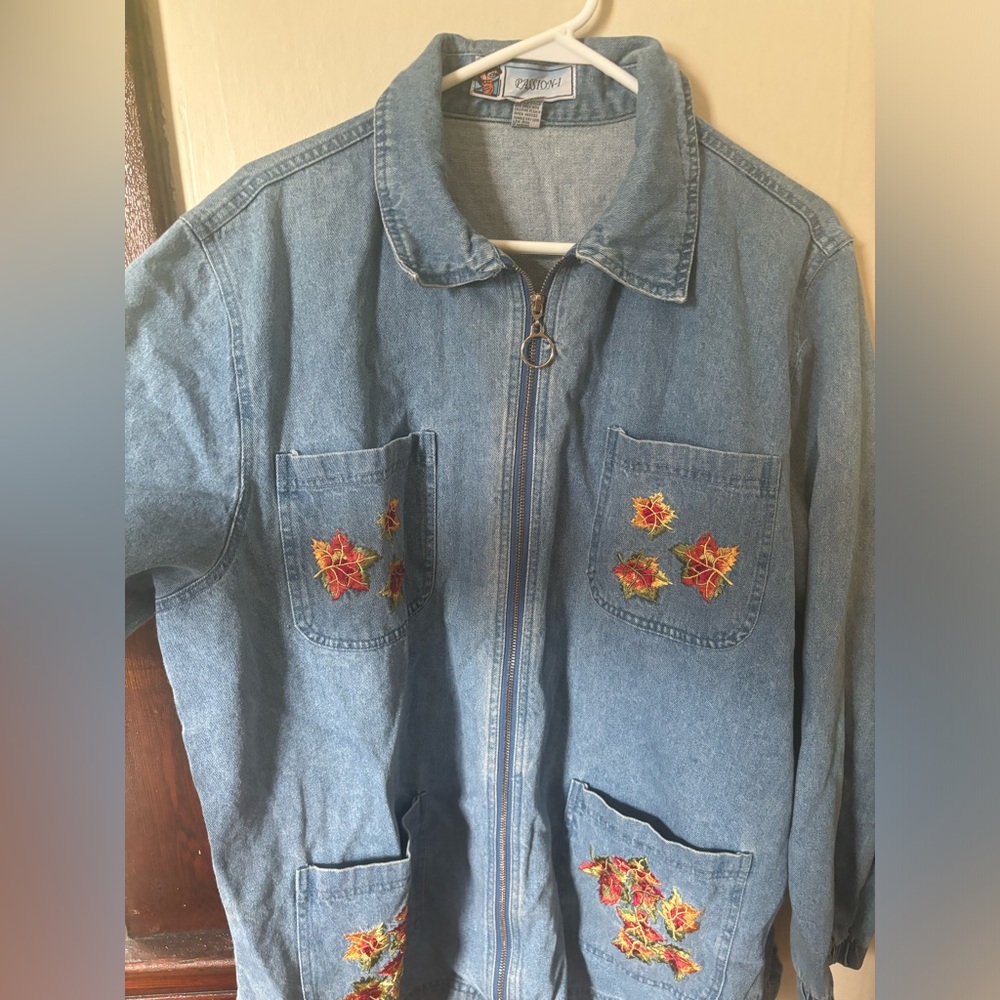 Vintage Denim Fall Embroidered Zip-Up Jacket